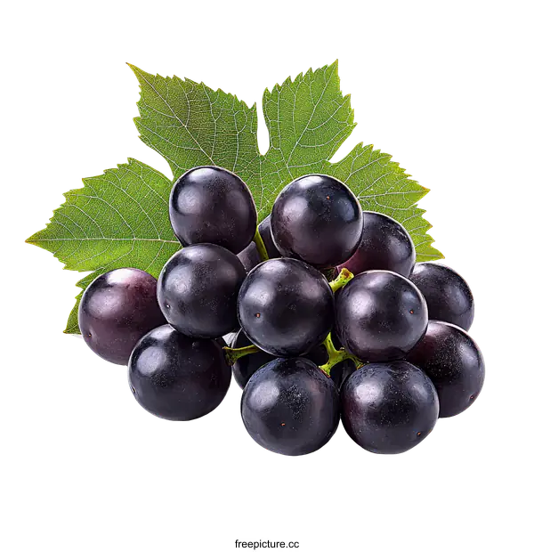 [Transparent Background PNG]Closeup of a bunch of dark grapes with leaves