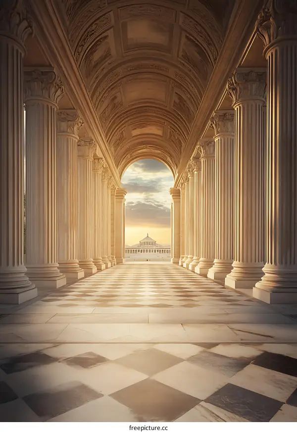 White Marble Columns Archway Hallway Leading To Building
