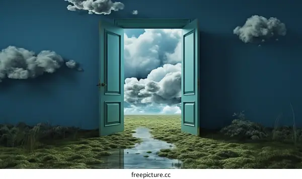 Surreal landscape with a door in the middle
