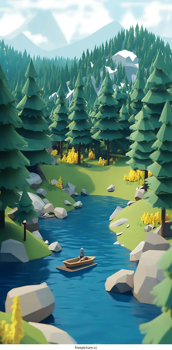 Low Poly River Scene with Single Person in Boat