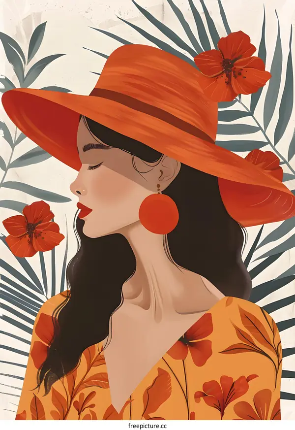 Woman in Orange Hat with Tropical Plants Illustration