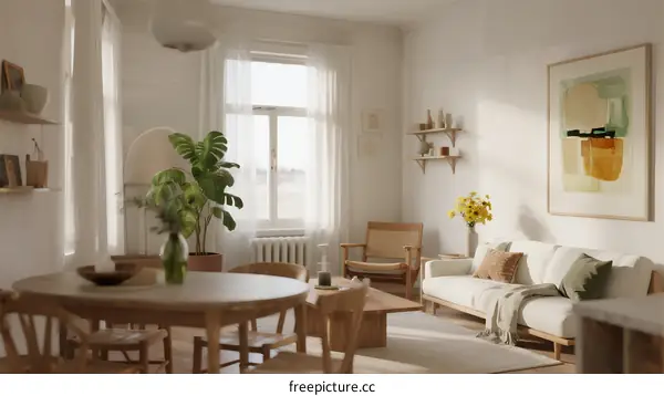 Bright and Modern Living Room with Wooden Furniture and Green Plants