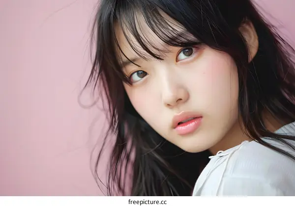 Young Woman With Black Hair And White Shirt
