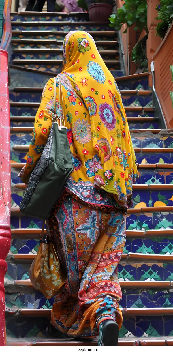 A woman in a colorful headscarf walks up a tiled staircase.