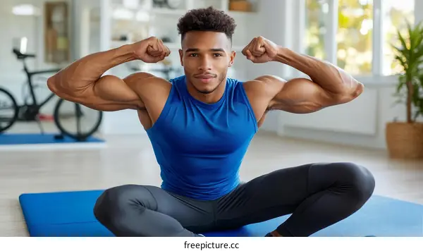 Man Showing Bicep Muscles in Gym Setting