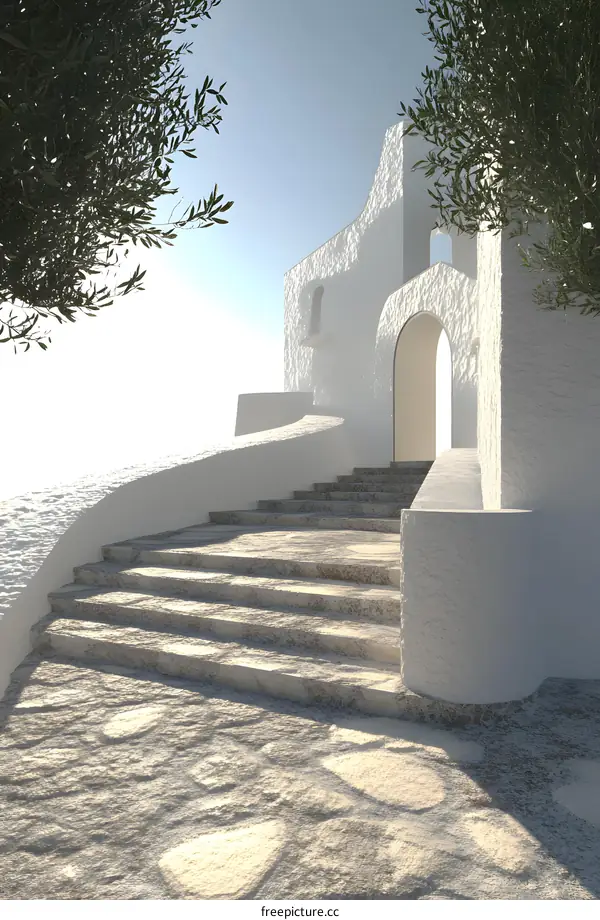 White Architecture Stairs Pathway With Olive Tree