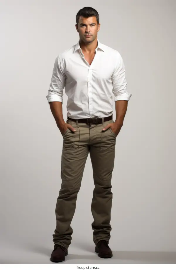 Handsome young man in white shirt and khaki pants