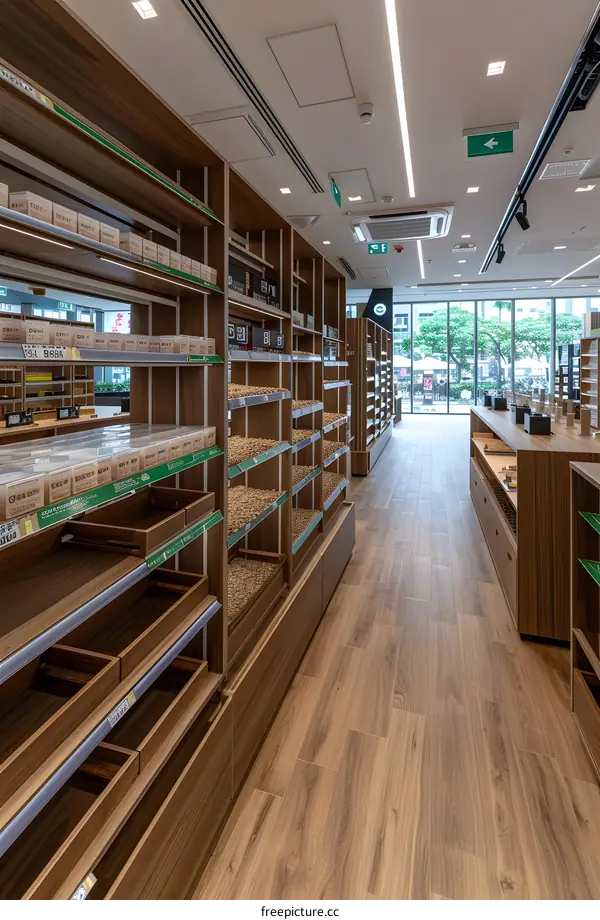 Modern Interior Design of a Store with Wooden Shelves and Floor