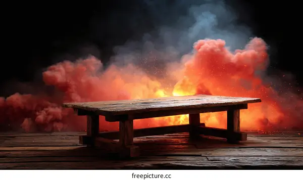 Wooden Tabletop Scene with Dramatic Smoke and Fire Effects