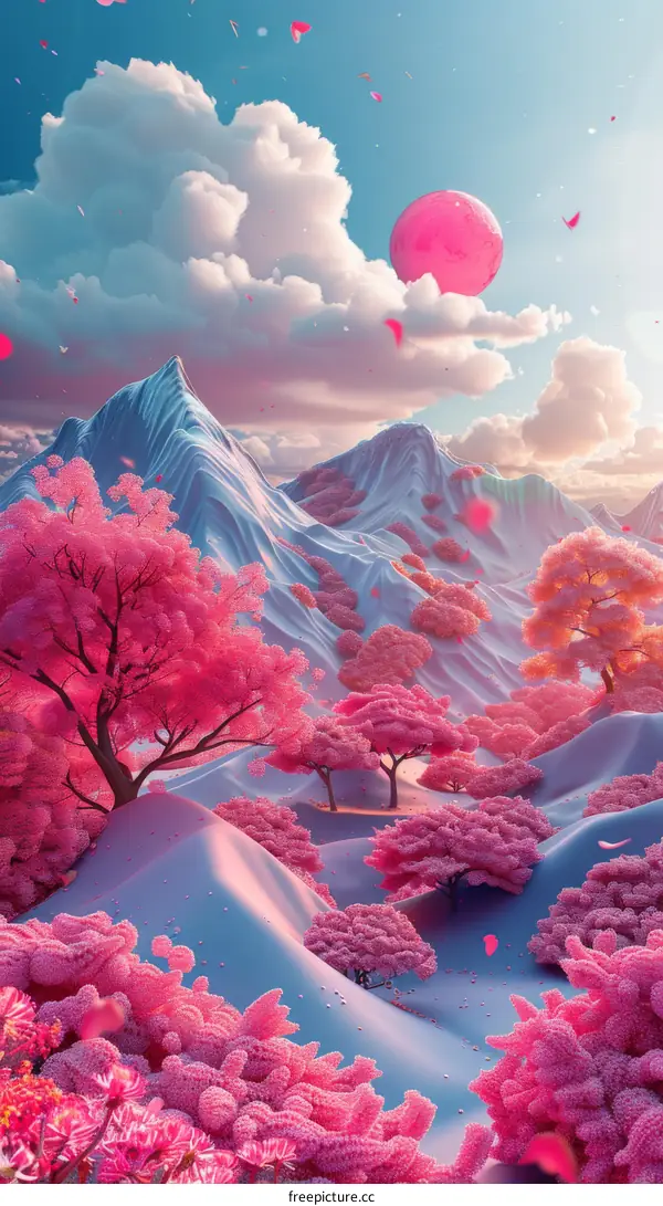 Magical Pink Cherry Blossom Landscape Illustration