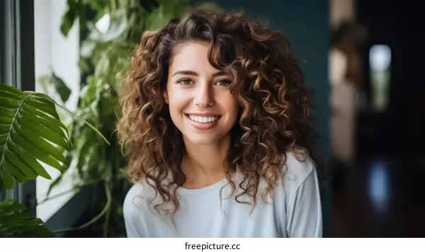 Portrait of a beautiful young woman with curly hair smiling