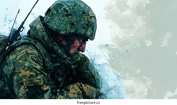 A soldier wearing a green and brown camouflage uniform and a helmet is kneeling on the ground.