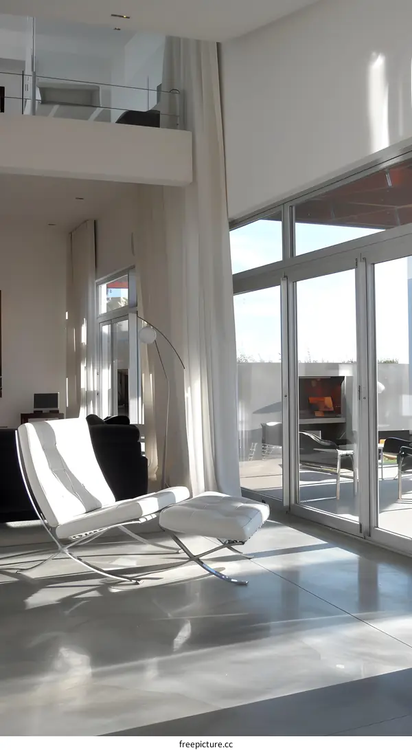 Modern Living Room Interior Design With White Leather Chair And Ottoman