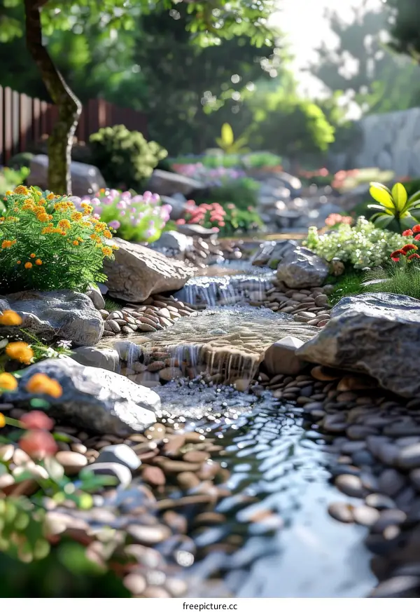Digital Artistic Small Waterfall Garden Scene