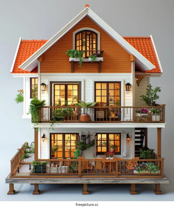 Miniature Two-Story House with Terraced Gardens