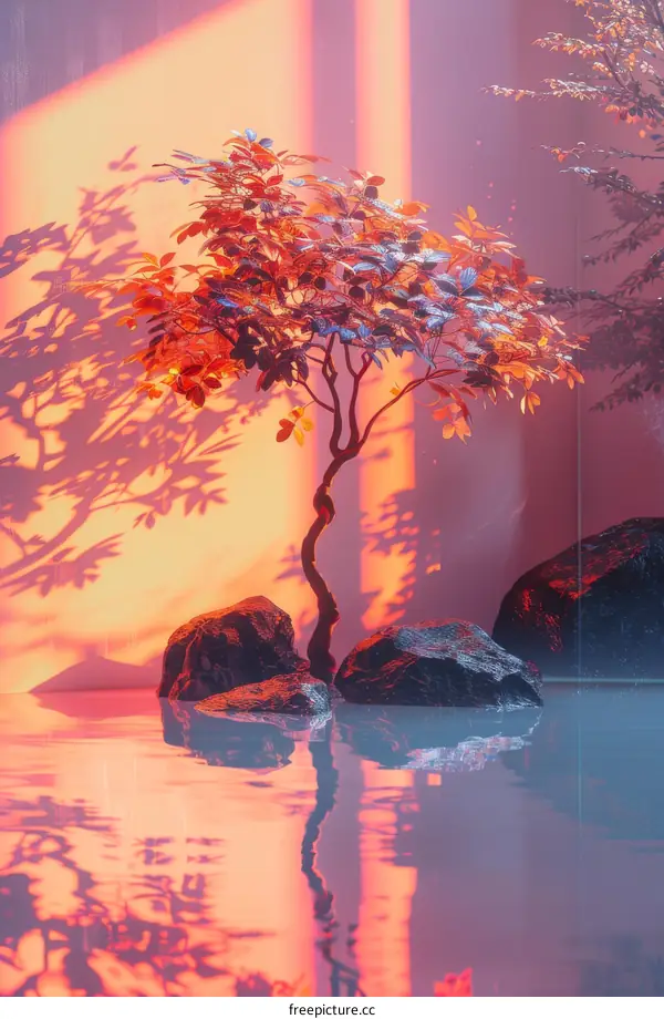 Surreal Sunset Landscape with a Tree and Rocks in Water