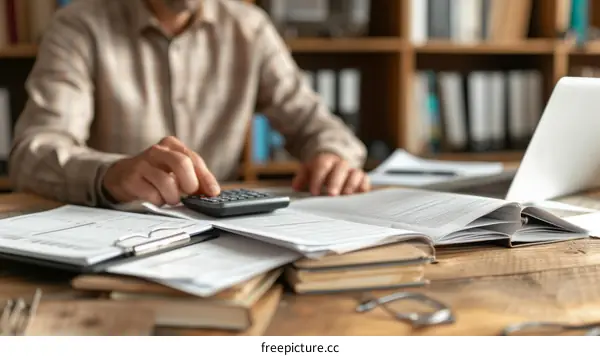 Accountant working on company finances using calculator and documents