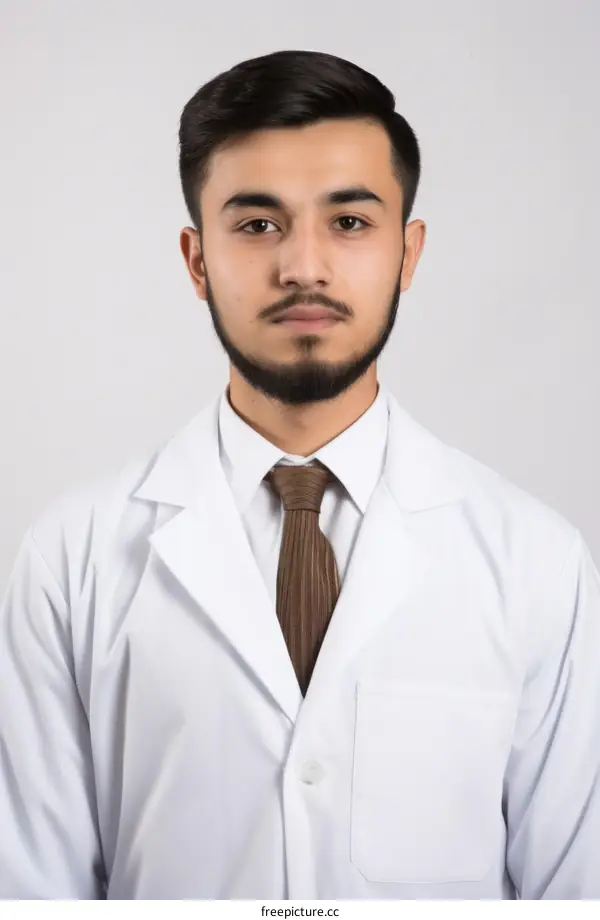 Portrait of a young male doctor in a white coat and brown tie