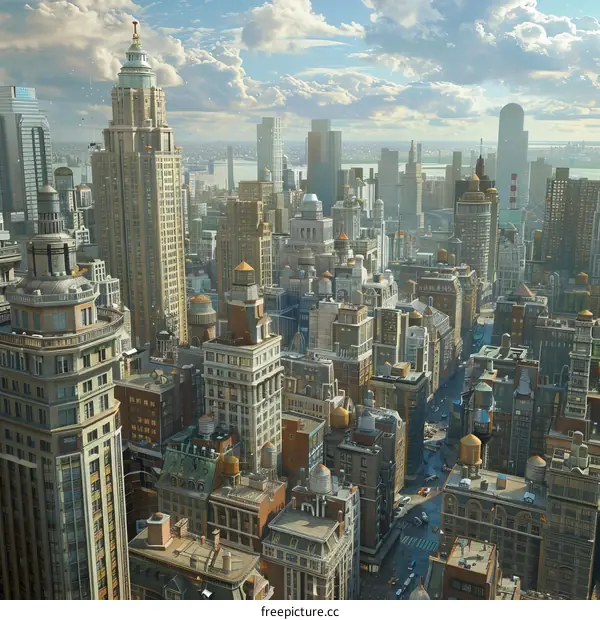 A futuristic cityscape painting with skyscrapers reaching for the heavens