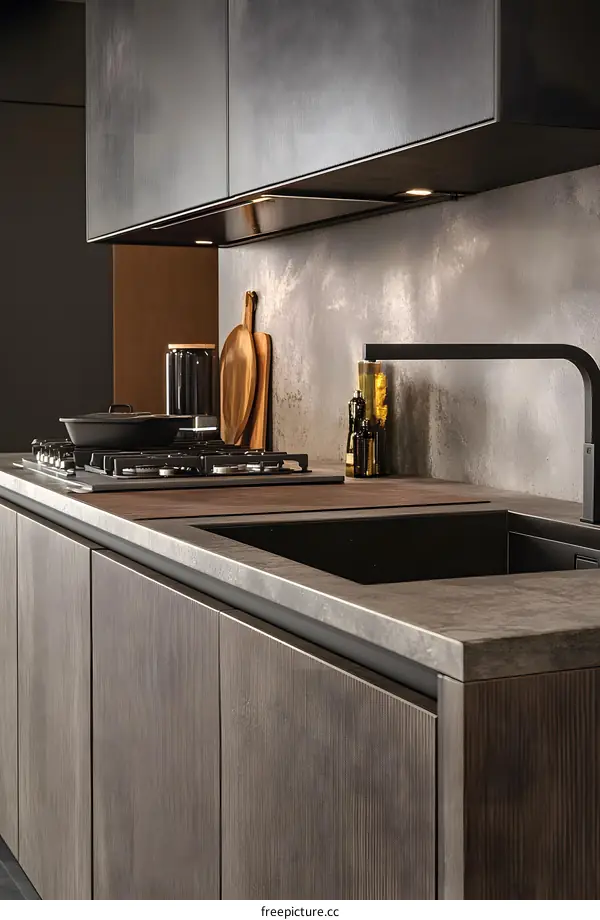 Modern Kitchen Design with Dark Cabinets and Granite Countertops