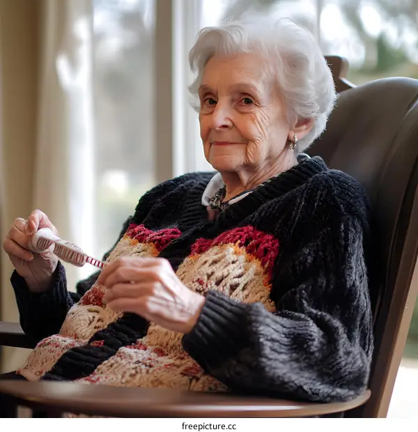 Elderly Woman Knitting In Rocking Chair