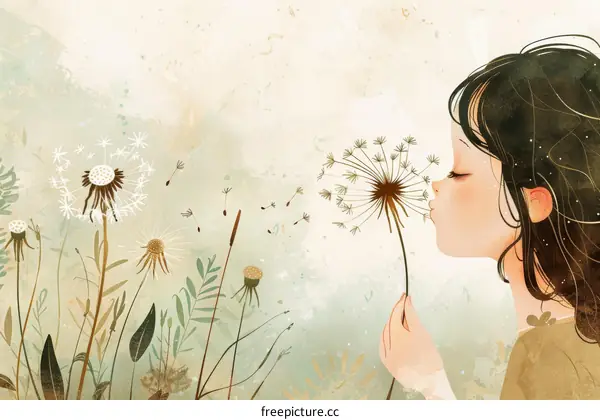 Little Girl Blowing Dandelion Seeds Making a Wish in Nature