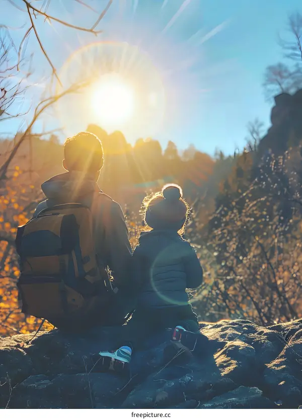 Father and Daughter Enjoying the Sunset on Mountaintop