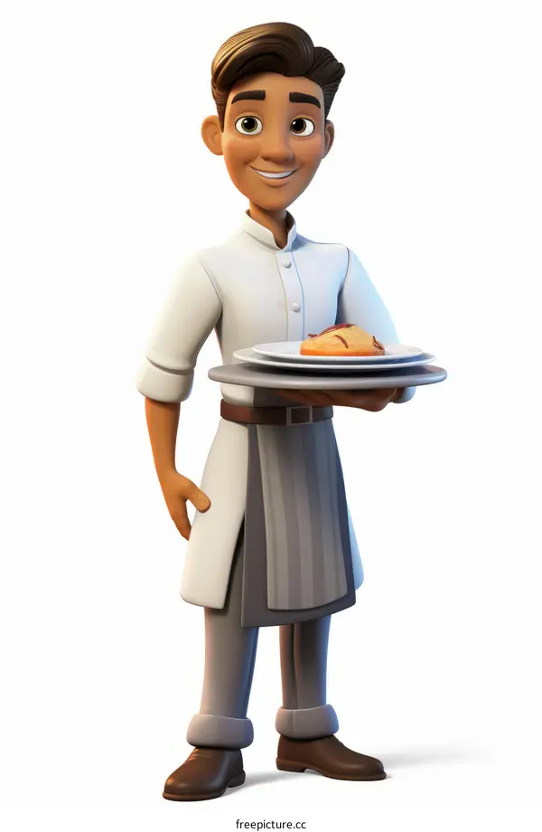 An illustration of a male chef holding a plate of food