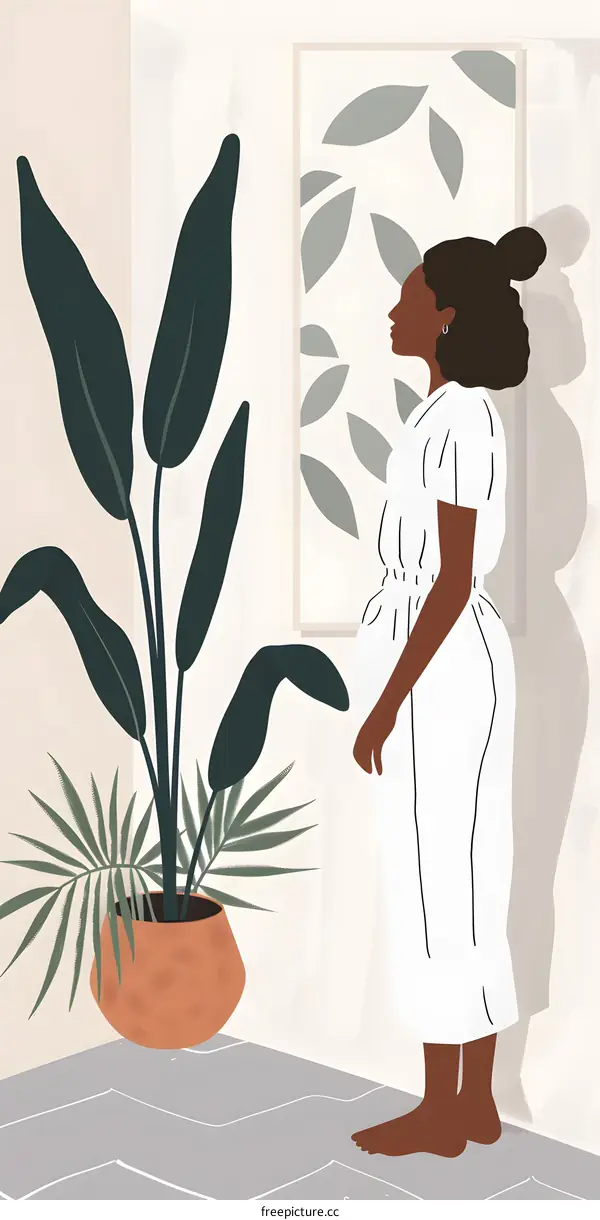 Minimalist Illustration of a Pregnant Black Woman Standing in a Room with a Plant
