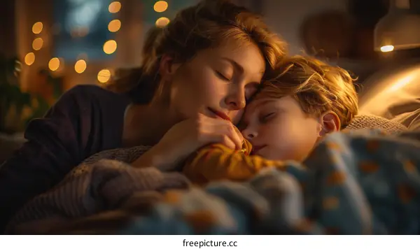 A mother and her son are sleeping peacefully in bed.