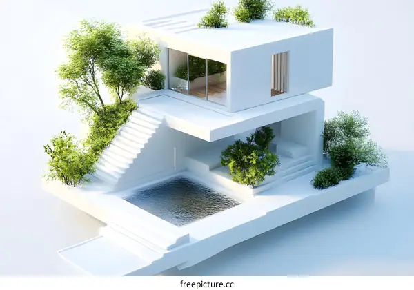 Minimalist White House with Swimming Pool and Green Plants
