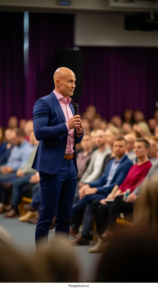 Man in a suit giving a speech in front of an audience