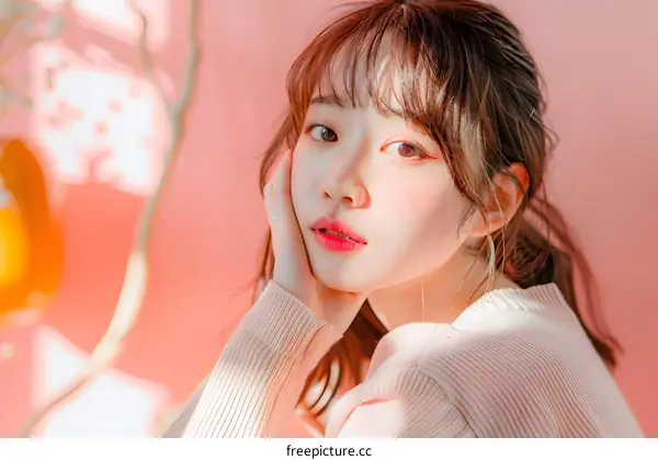 Beautiful Asian Woman With Brown Hair Wearing Pink Sweater Posing in Studio With Pink Background