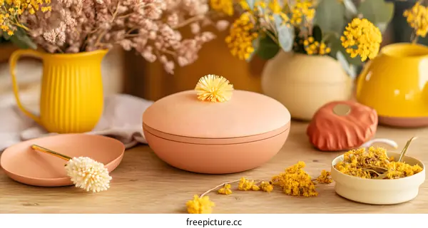 Yellow and Orange Ceramic Decor on Wooden Table