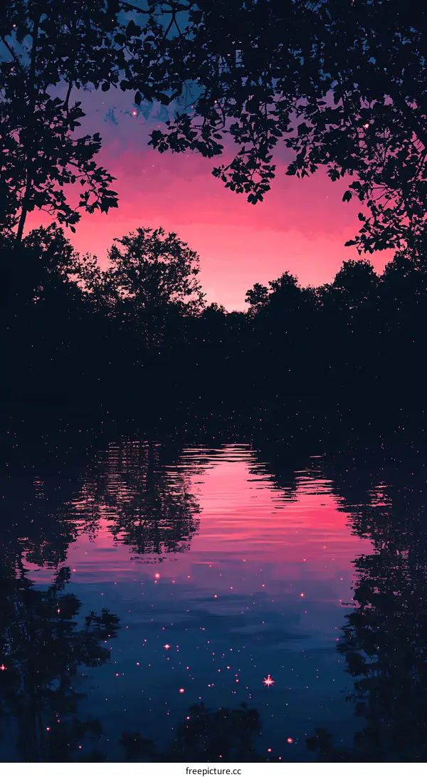 Silhouettes of Trees Reflecting on the Water at Sunset