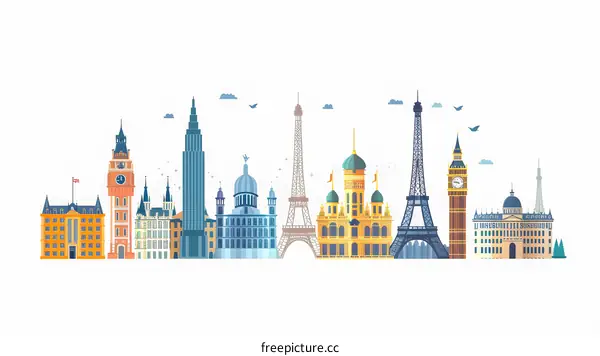 World Famous Landmarks Skyline Illustration