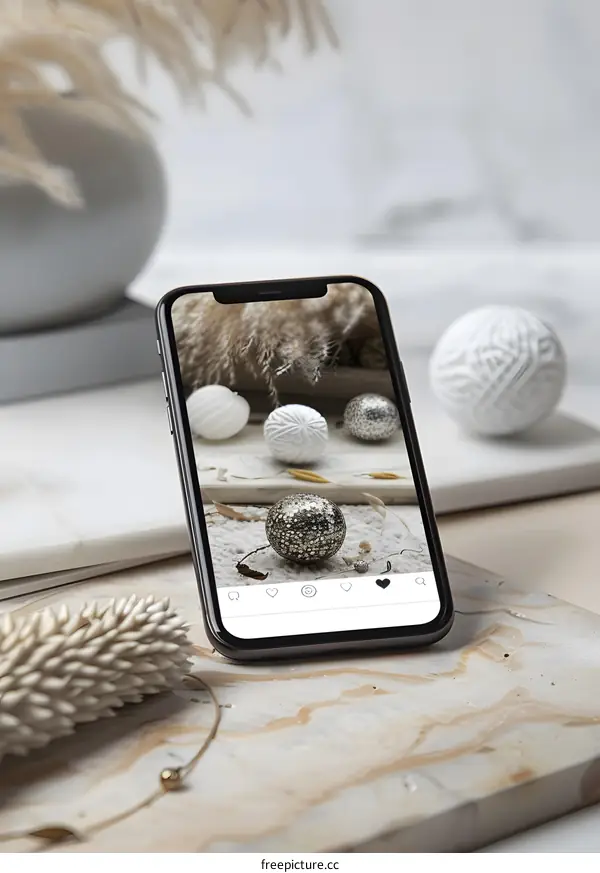 Close Up of a Smartphone Displaying a Social Media Post with Christmas Ornaments