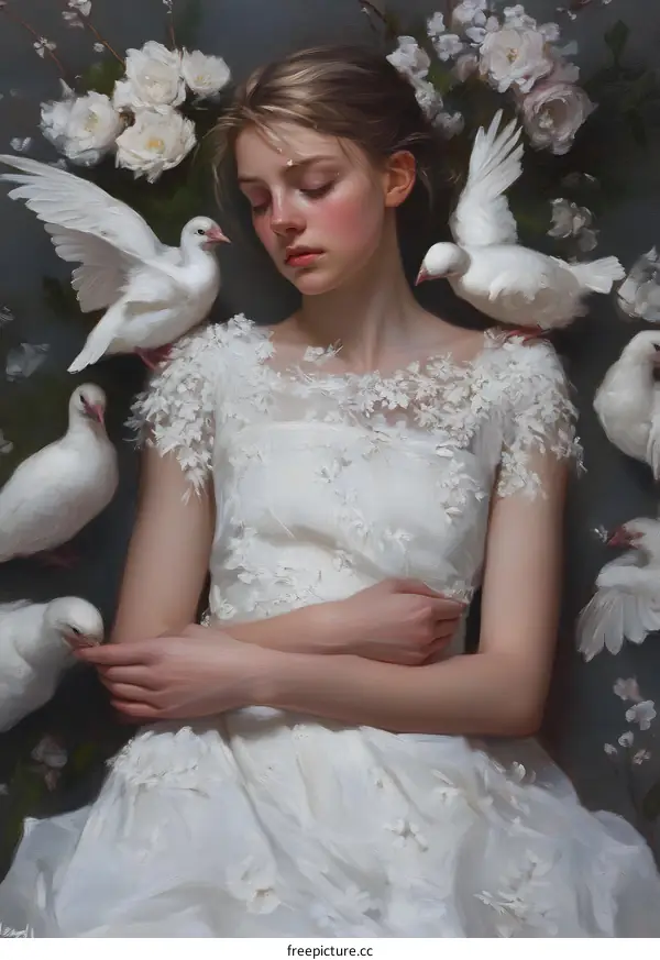 White Dress with Doves Oil Painting