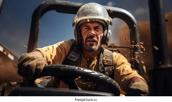 Portrait of a male construction worker wearing a hard hat and safety goggles while operating heavy machinery at a construction site