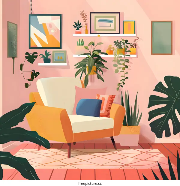 Cozy Living Room Interior Design With Plants And Armchair