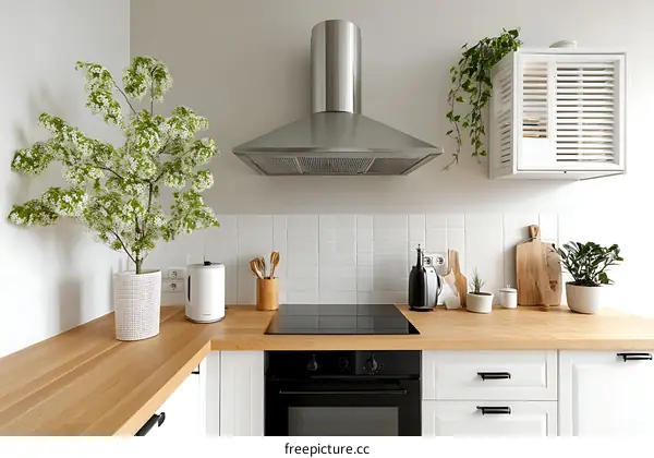 Modern White Kitchen with Wooden Countertop and Plants