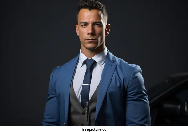 A young man in a blue suit and tie poses for a photo.