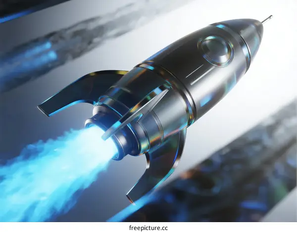 A sleek silver rocket with blue flame launching into space