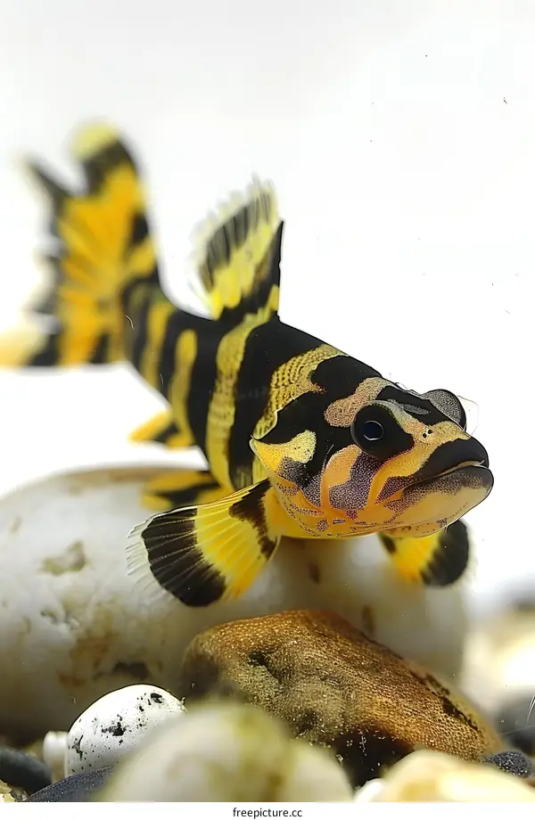 A yellow and black fish with a white background