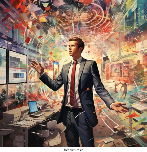 Man in suit in office with colorful vortex