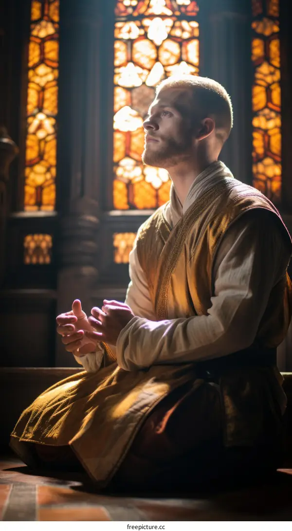 A blond man with short hair kneels in prayer in a temple with stained glass windows