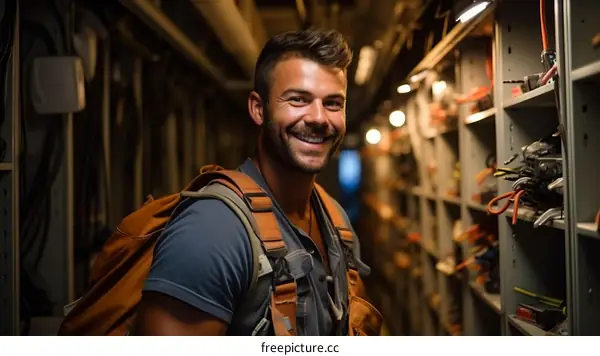 Portrait of a smiling young male electrician with a backpack standing in a dimly lit room