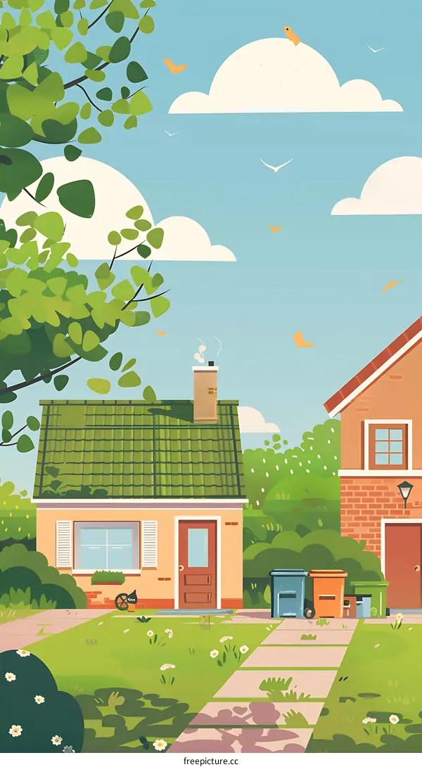 Green House With Green Roof In Front Of A Sunny Sky