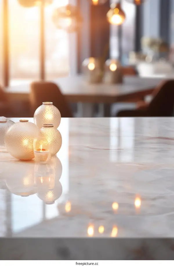 Elegant Round Glass Candle Holders with Burning Candles on Marble Table