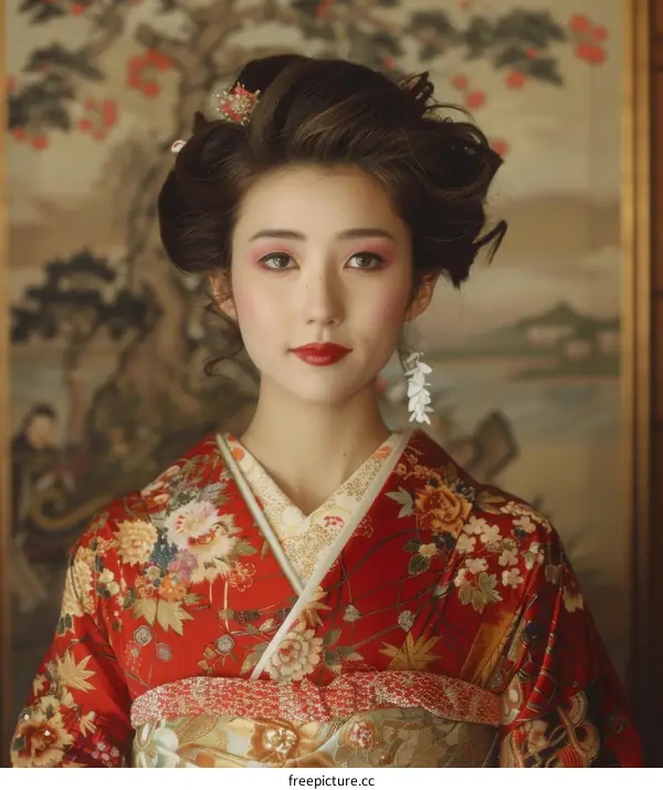 Portrait of a young woman in a red kimono